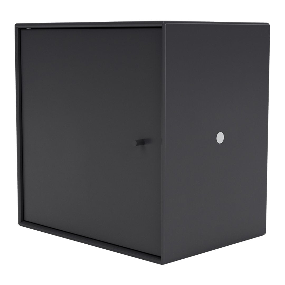 Sleek black storage cabinet with a smooth matte finish and minimalist design, featuring a simple round knob.