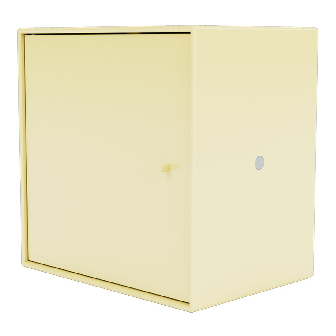 "Solid pastel yellow storage cube with a subtle linear pattern and round silver knob."