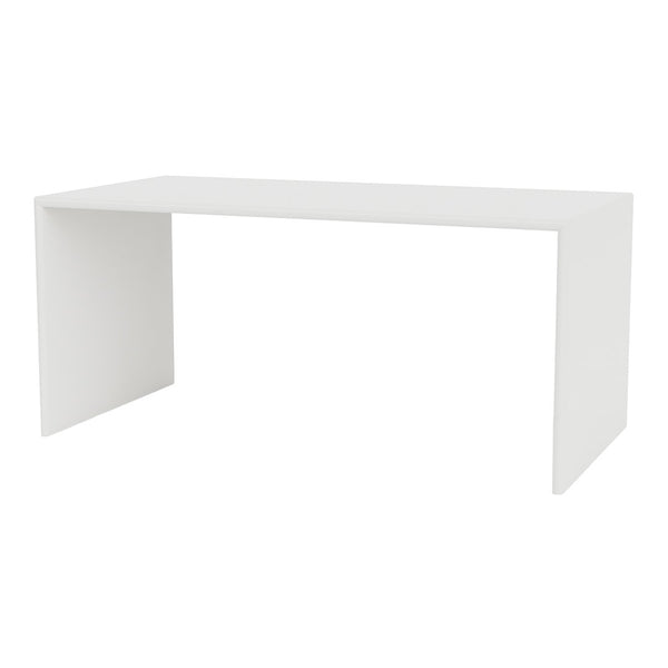 White minimalist desk with a sleek, modern design and smooth, solid surface. Ideal for contemporary spaces.