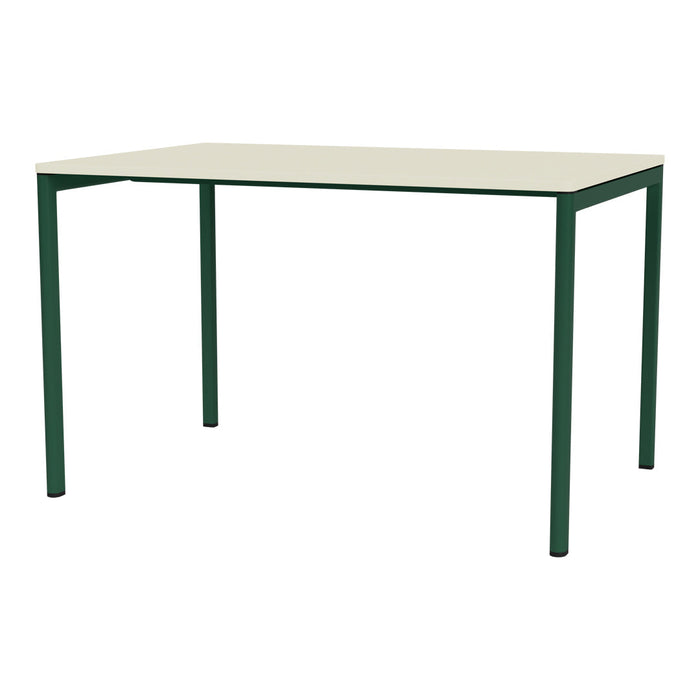 Green metal table with a light beige surface, featuring a sleek, minimalistic design and no visible patterns.