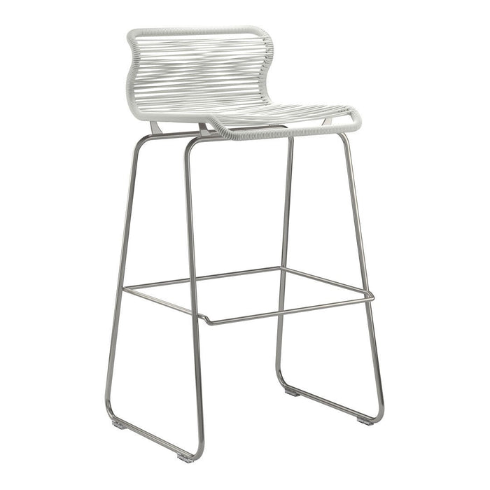 White bar stool with textured, wavy pattern and sleek metal frame, perfect for modern decor.