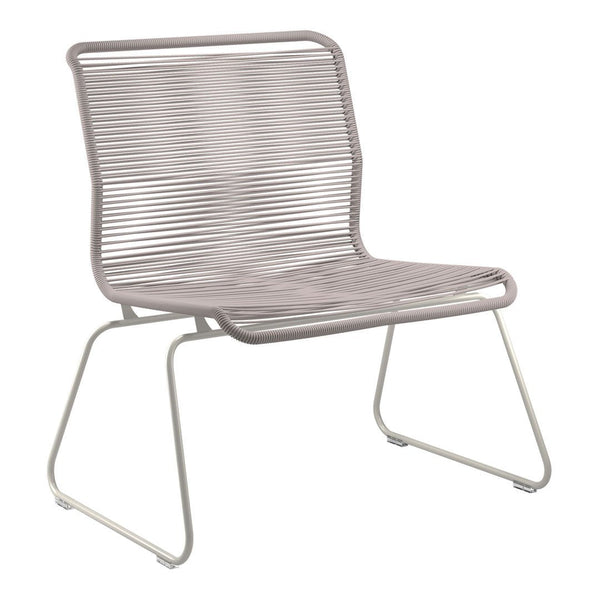 Light gray lounge chair with horizontal line pattern and minimalist design on a sleek metal frame.