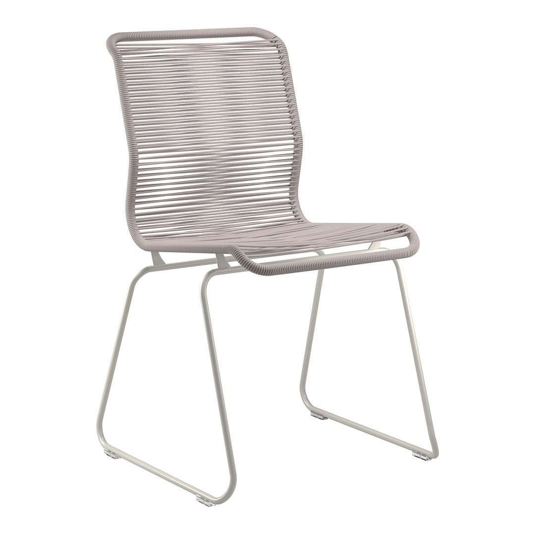 Light mauve dining chair with sleek, ribbed pattern and minimalist metal frame in silver. Perfect for modern decor.