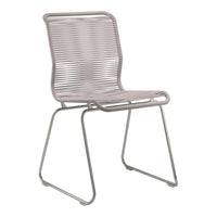 "Modern light gray chair with sleek striped pattern and minimalist chrome frame."