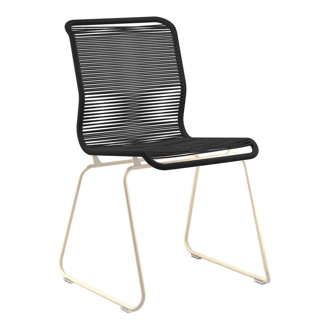 Black striped chair with a sleek design and a light-colored metal frame, perfect for modern interiors.
