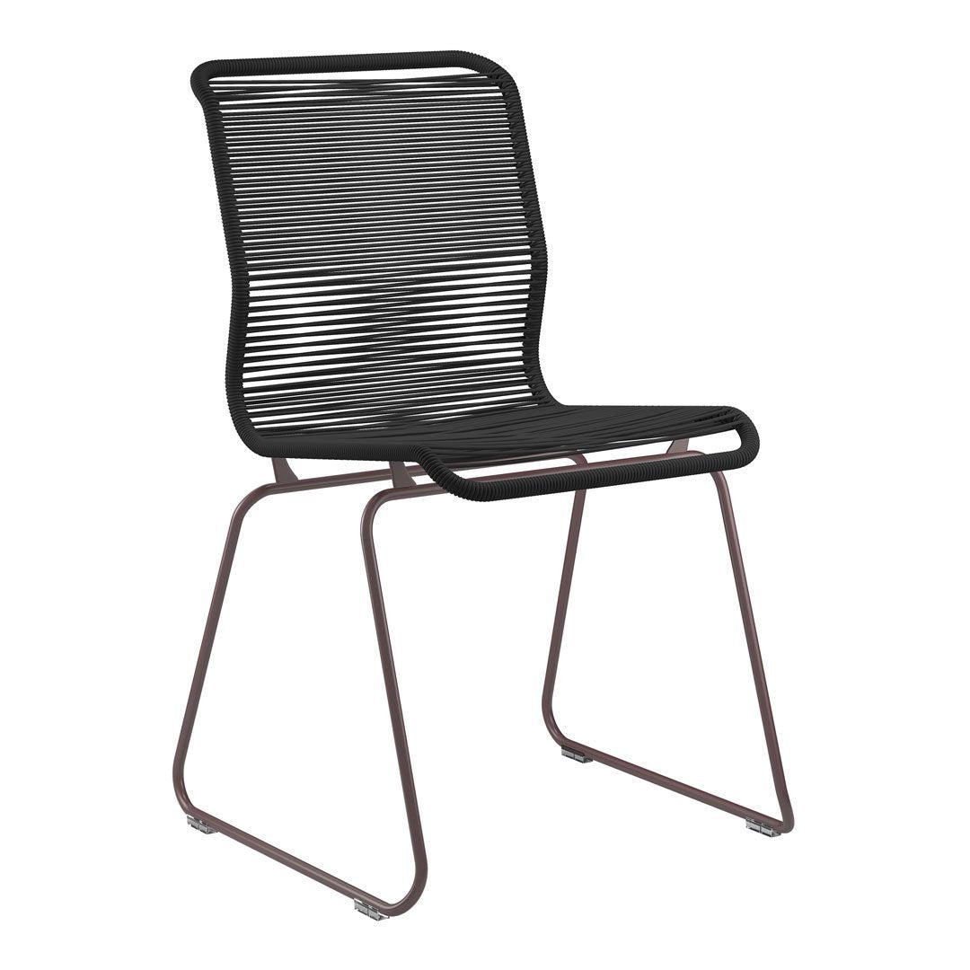 Black striped chair with sleek metal frame in brown for modern decor. Perfect blend of style and comfort.