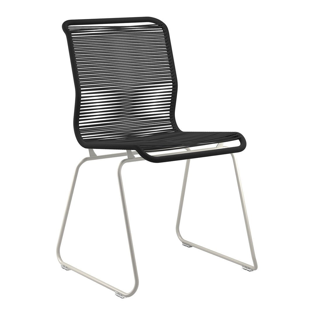 Black striped chair with a sleek silver frame, ideal for modern and minimalist decor.
