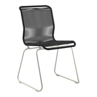 Black striped chair with a sleek silver frame, ideal for modern and minimalist decor.