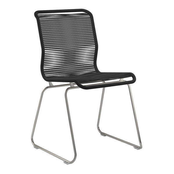 Black striped chair with a sleek metal frame, featuring a modern design and minimalistic pattern. Ideal for contemporary spaces.