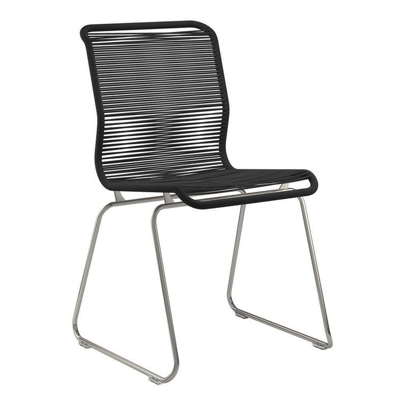 Black striped chair with a sleek metal frame, featuring a modern design and minimalistic pattern. Ideal for contemporary spaces.
