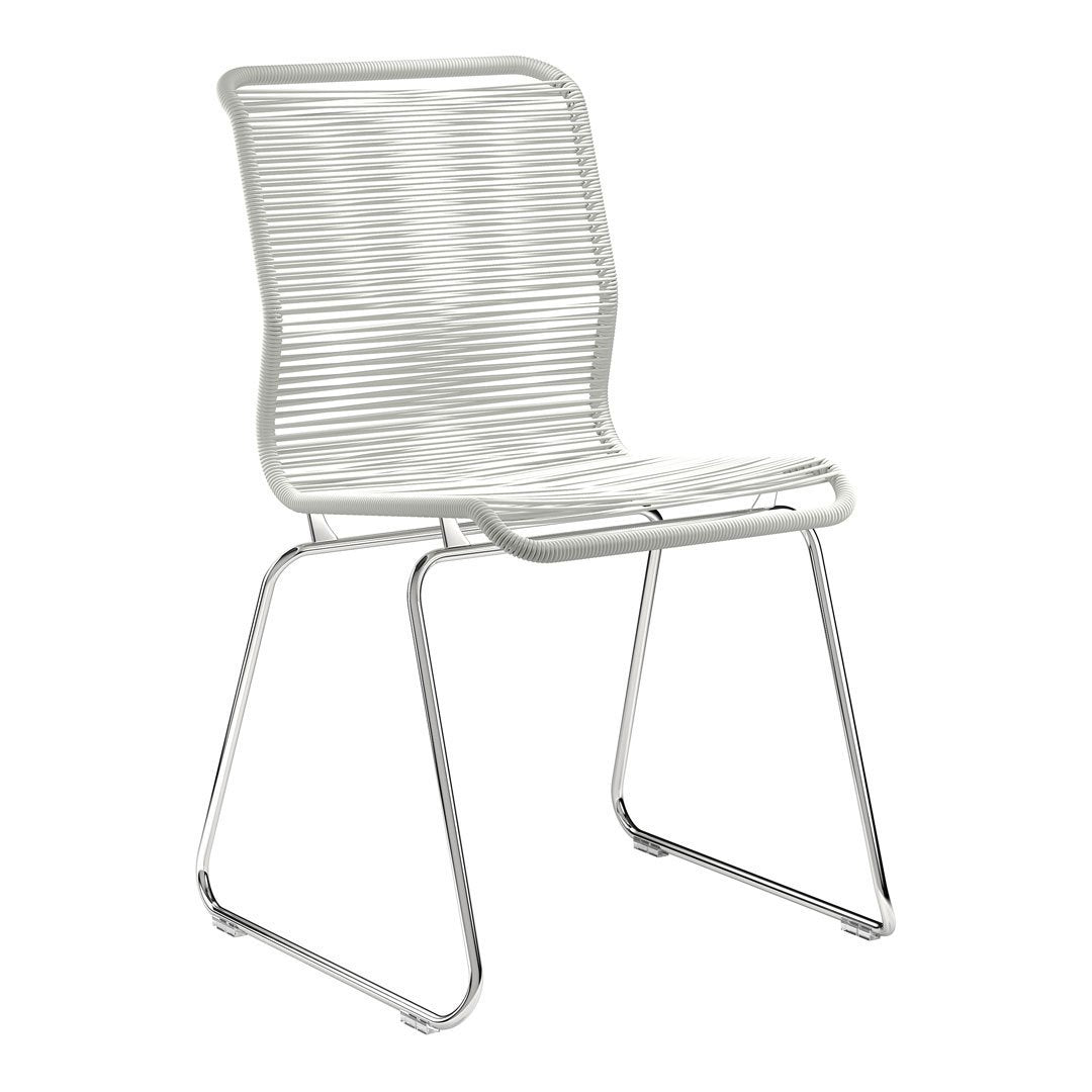White striped chair with a sleek chrome frame, featuring a modern and minimalist design. Perfect for any decor.