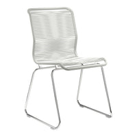 White striped chair with a sleek chrome frame, featuring a modern and minimalist design. Perfect for any decor.