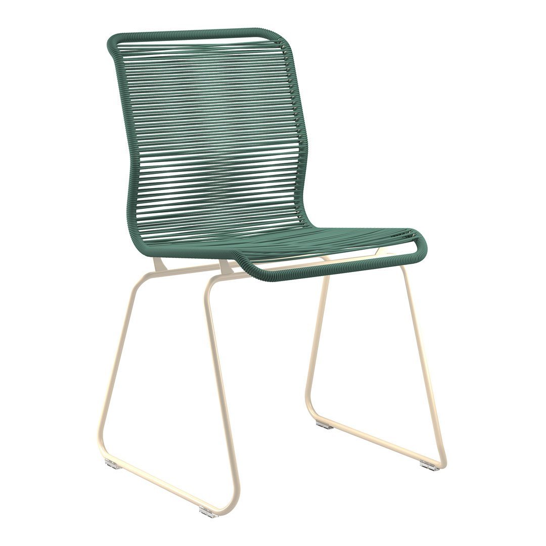Green striped chair with a modern design and contrasting cream-colored metal legs. Perfect for indoor or outdoor use.