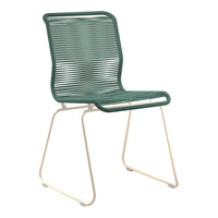 Green striped chair with a modern design and contrasting cream-colored metal legs. Perfect for indoor or outdoor use.