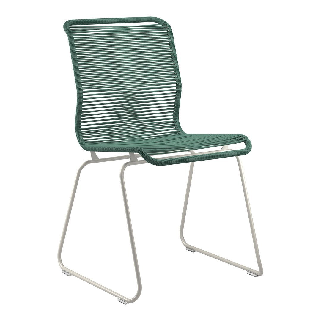 Green striped chair with a sleek white metal frame, featuring a modern and minimalist design.