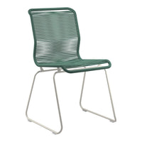 Green striped chair with a sleek white metal frame, featuring a modern and minimalist design.