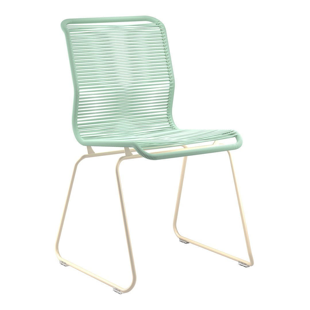 Mint green chair with a modern striped pattern and cream-colored metal legs. Perfect for a stylish and vibrant decor.