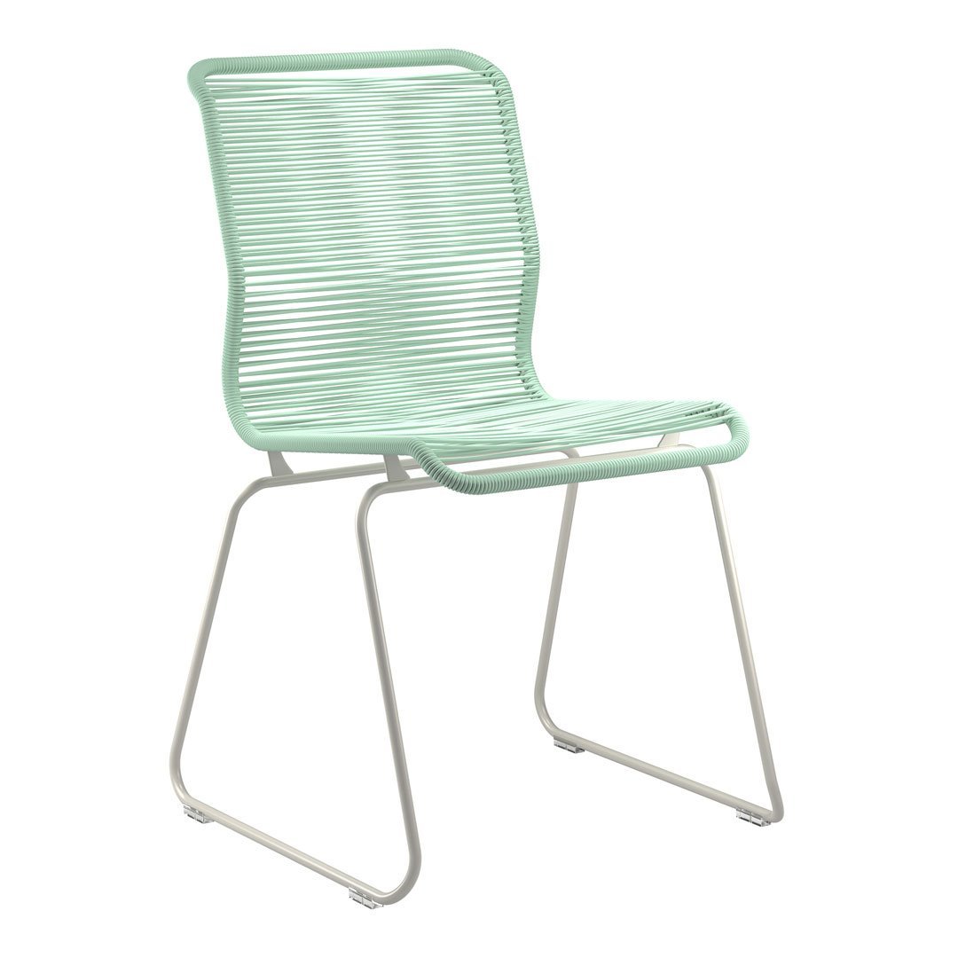 Mint green striped chair with a sleek silver frame, perfect for modern decor and outdoor settings.