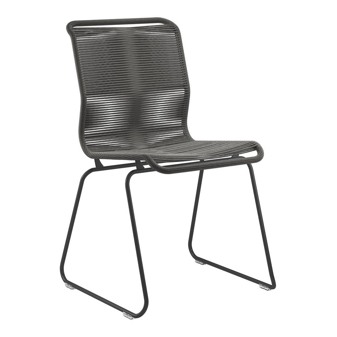 Black mesh dining chair with a sleek, modern design and minimalist wire frame. Ideal for contemporary spaces.