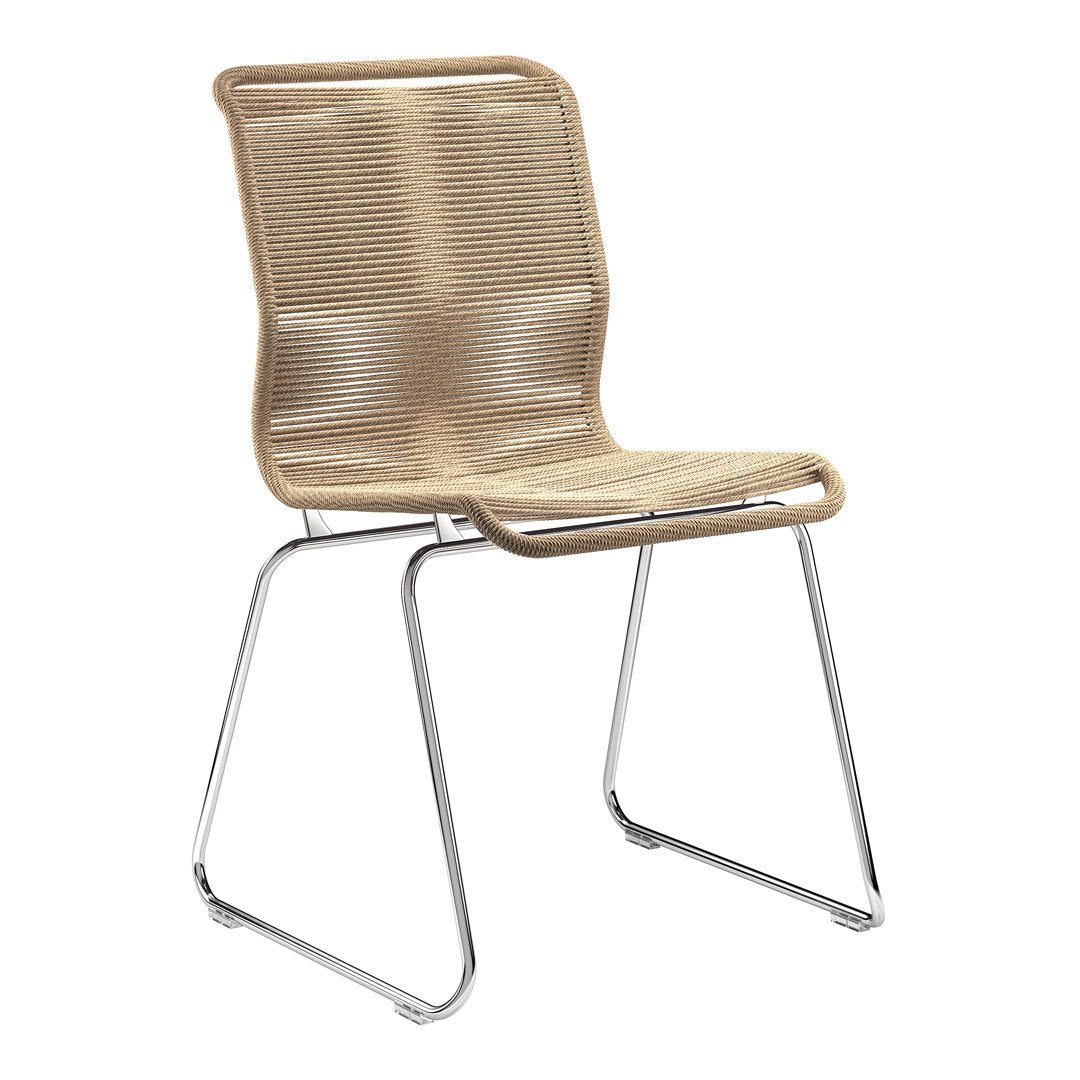 Beige woven chair with a sleek chrome frame, featuring a minimalist design and contemporary pattern.