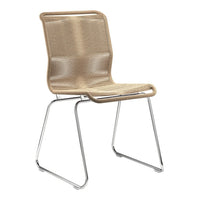 Beige woven chair with a sleek chrome frame, featuring a minimalist design and contemporary pattern.