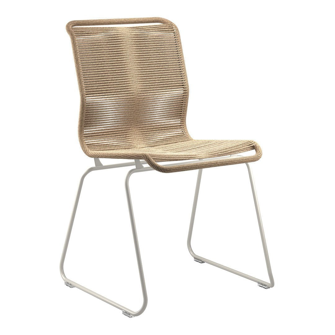 Bamboo woven chair with a light tan finish and a sleek white metal frame, featuring a modern, minimalist design.