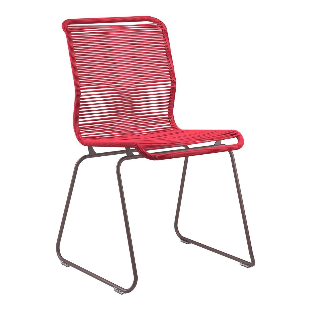 Red striped chair with sleek lines and a brown metal frame. Perfect for modern decor.