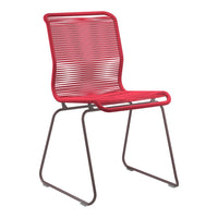 Red striped chair with sleek lines and a brown metal frame. Perfect for modern decor.