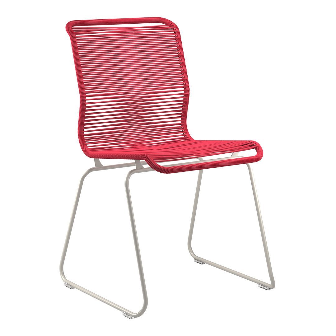 Red striped chair with a sleek white metal frame, perfect for modern outdoor or indoor decor.