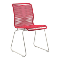 Red striped chair with a sleek white metal frame, perfect for modern outdoor or indoor decor.