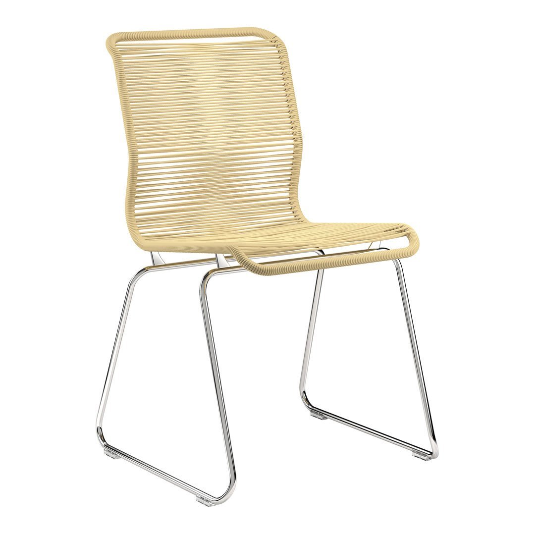 Yellow ribbed chair with a sleek chrome base, showcasing a modern and minimalist design. Ideal for contemporary spaces.