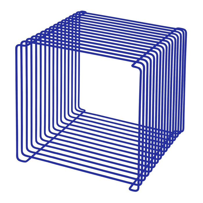 Modern blue wire cube with a sleek, open design and intersecting lines, perfect for contemporary decor.