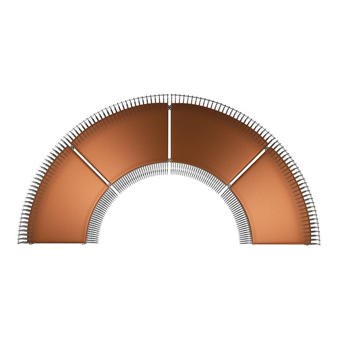 Copper-colored half-circle product with subtle silver accents and curved patterns. Perfect for modern decor.
