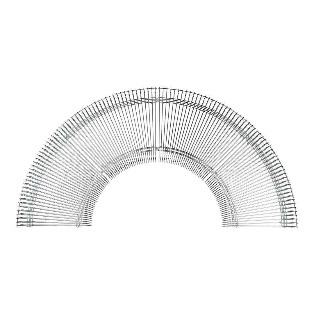 Silver wire geometric fan design in an arch shape, featuring intricate lines and a modern aesthetic.