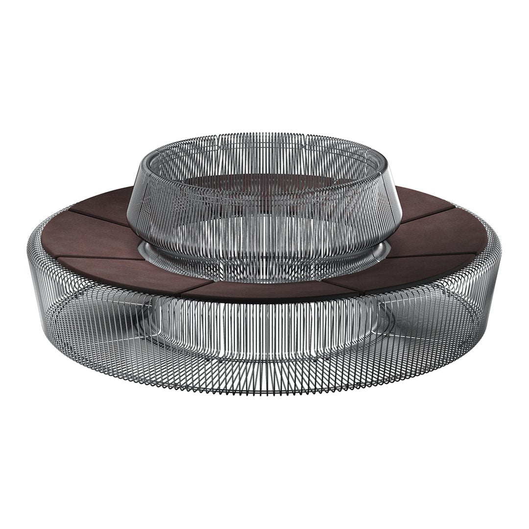 Stylish circular design featuring transparent mesh and rich brown wooden accents. Modern elegance for any space.