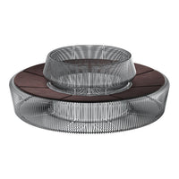 Stylish circular design featuring transparent mesh and rich brown wooden accents. Modern elegance for any space.