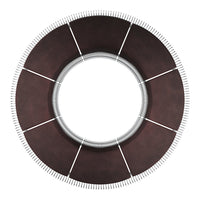 Round brown and silver rug with geometric pattern and textured edges, adding elegance to any space.