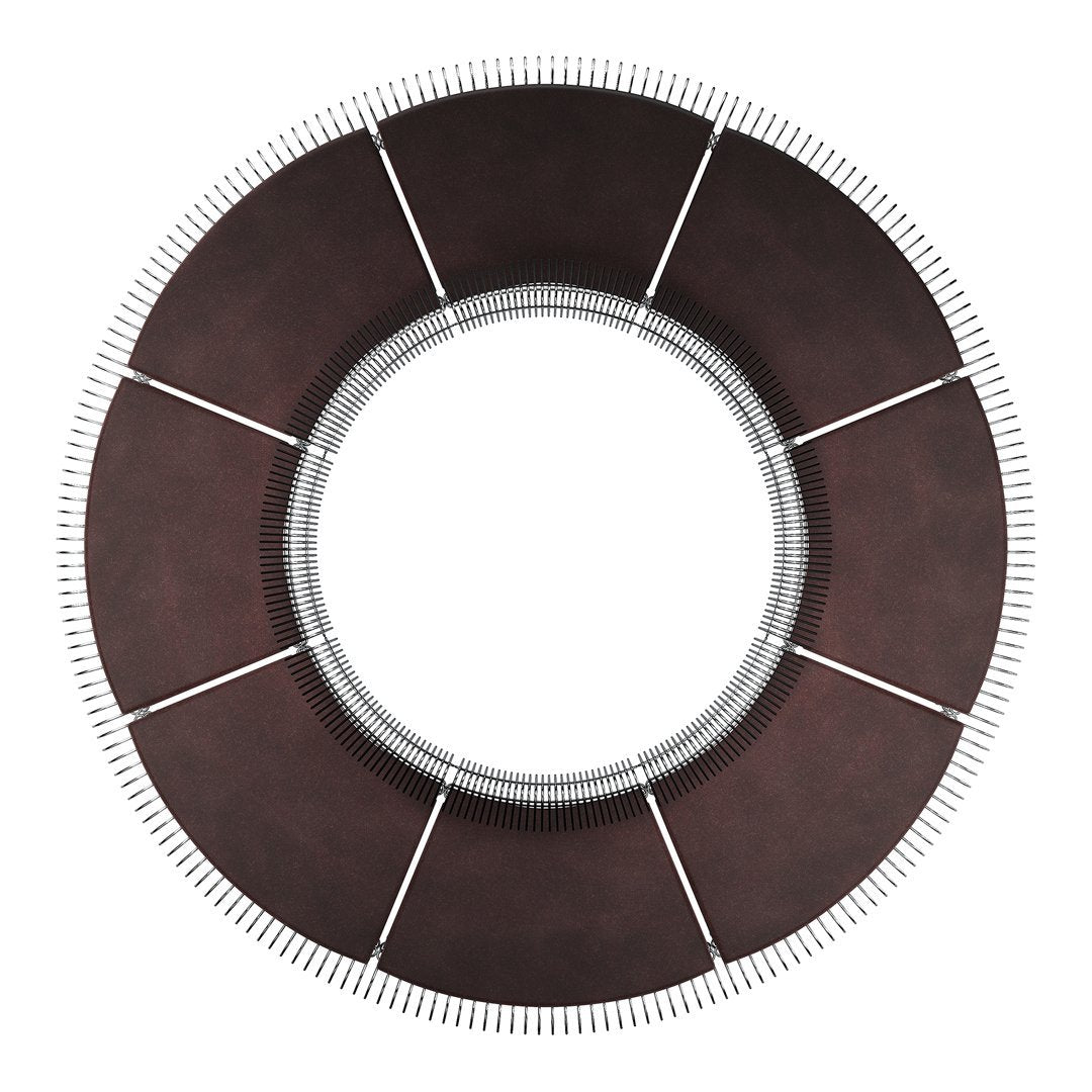 Round brown and silver rug with geometric pattern and textured edges, adding elegance to any space.