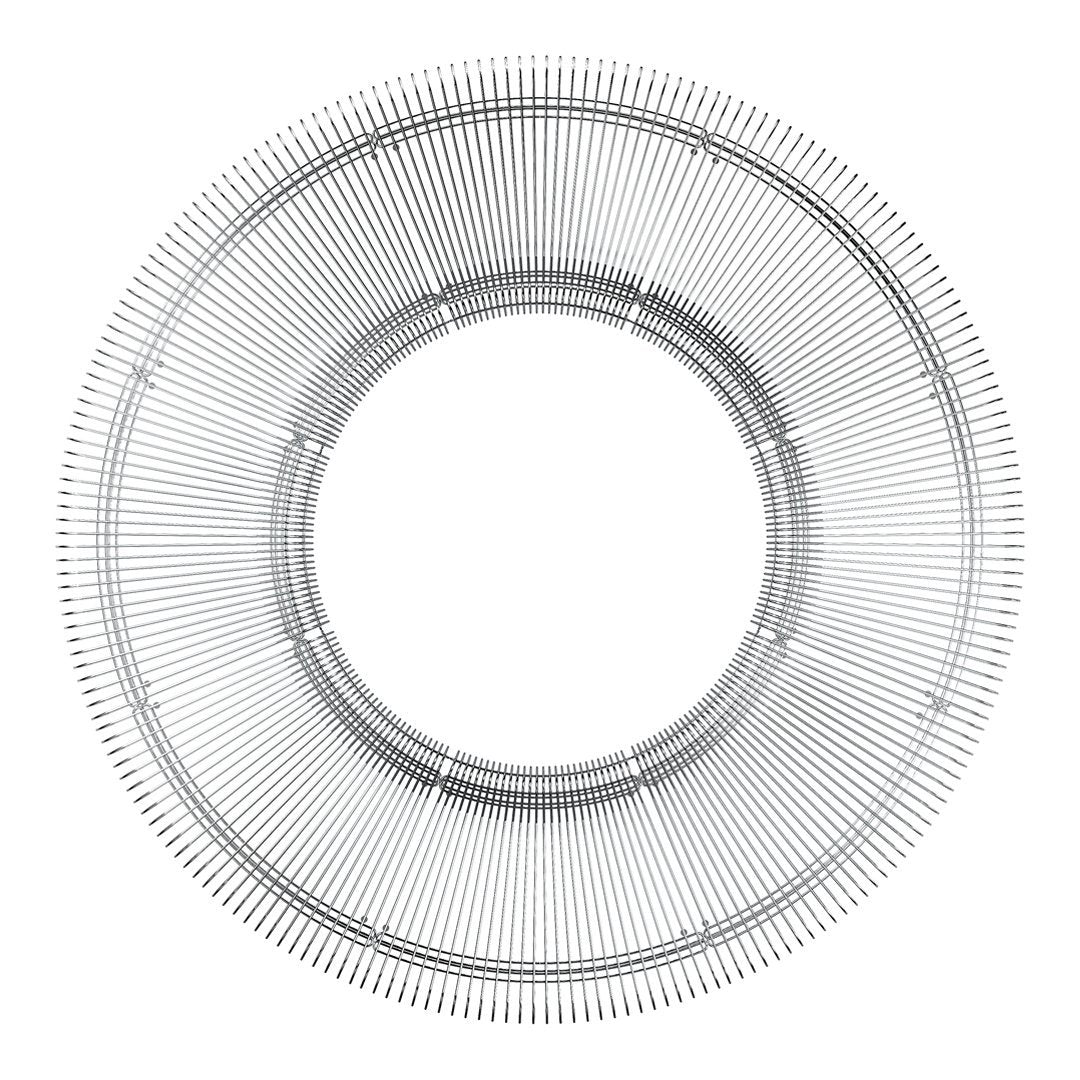 "Elegant round silver wire plate with intricate geometric pattern and open center design."