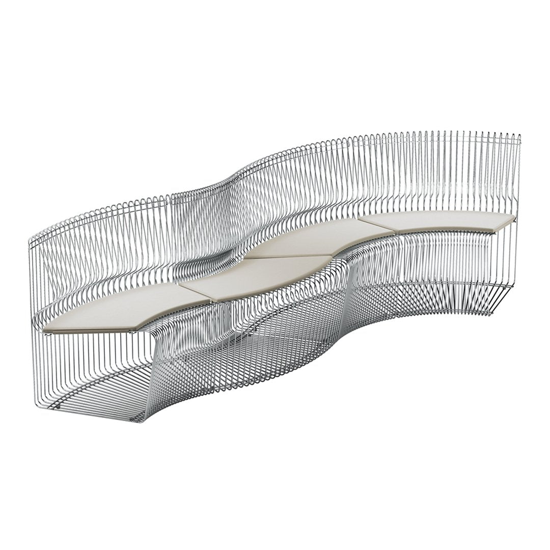 Abstract wavy metal wall shelf with transparent and reflective patterns, featuring a sleek, modern design.