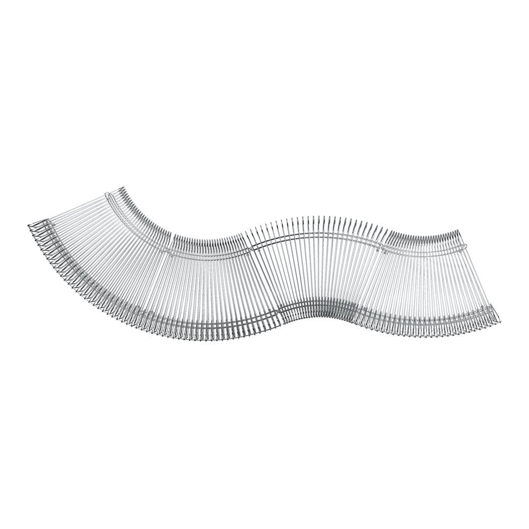 Silver metal spiral clips arranged in a wavy pattern, showcasing a sleek and modern design.