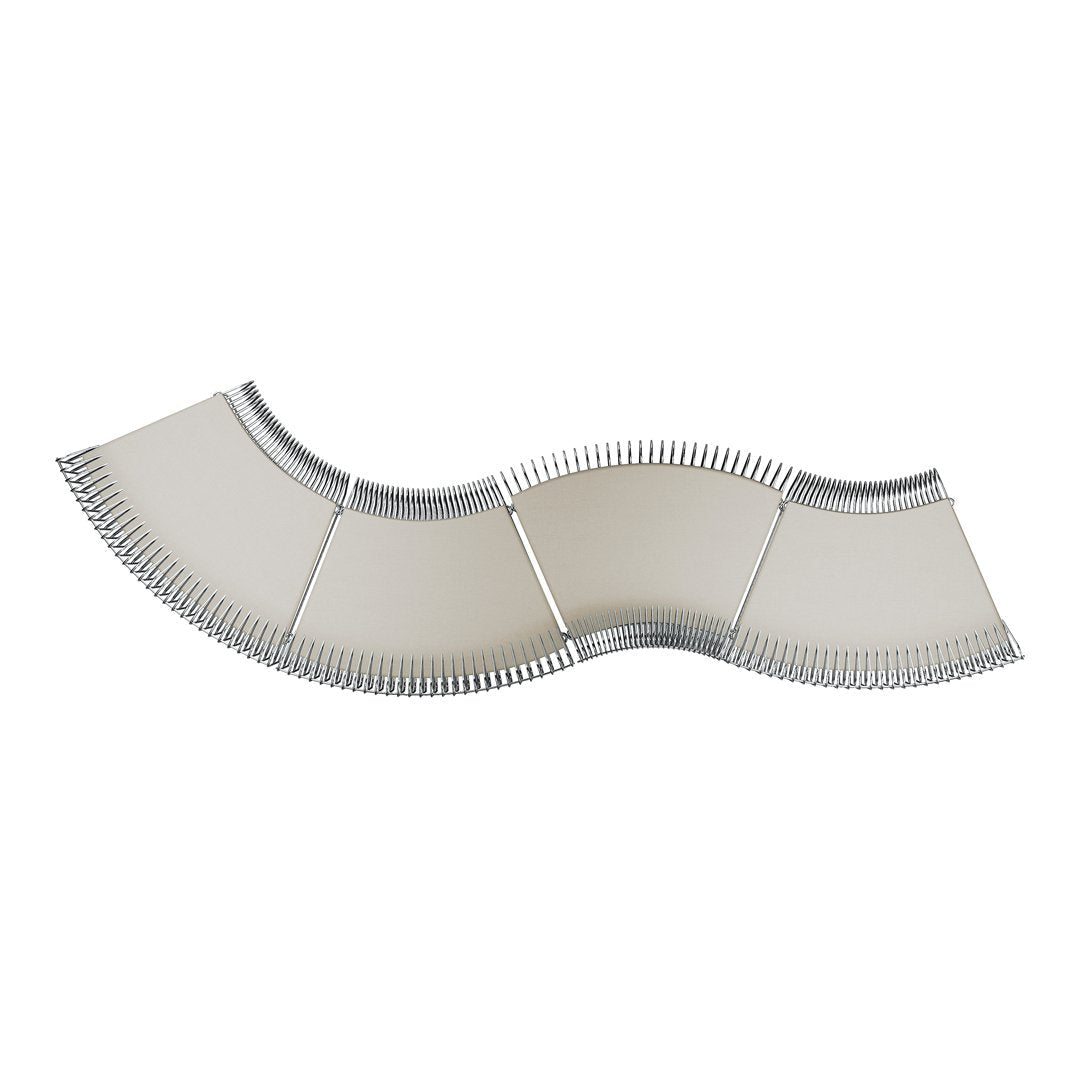 Curved metal wall decor with a sleek silver finish and smooth, matte-white panels, creating a modern, elegant pattern.