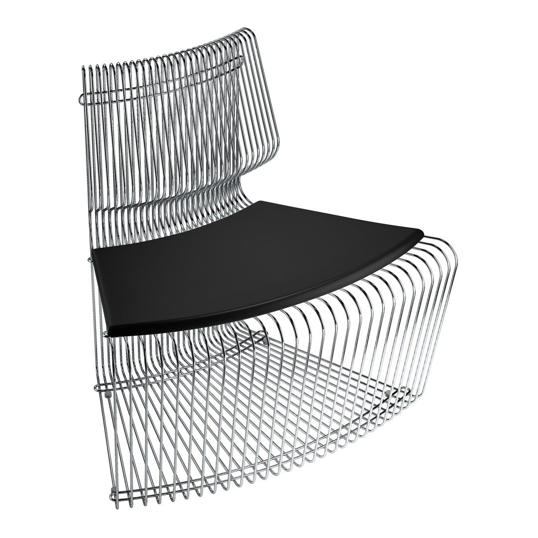 Modern chrome wire chair with sleek black seat and flowing geometric lines, adding style to any space.