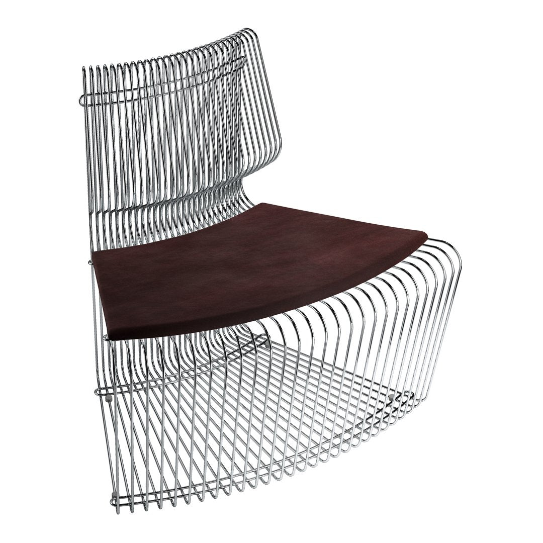 "Modern wire chair with a sleek silver frame and dark brown wooden seat."