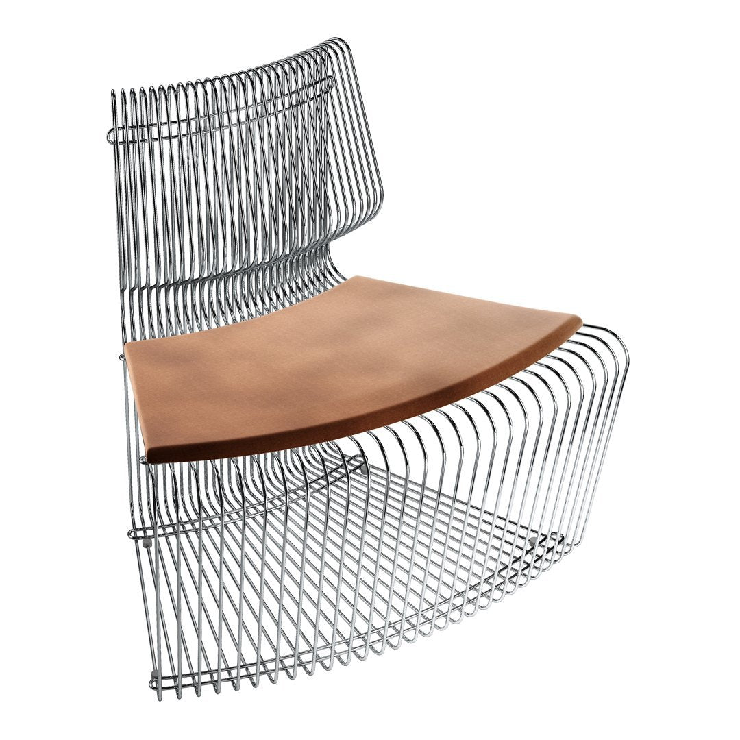 Modern wire chair with a sleek silver frame and a warm brown wooden seat, showcasing a minimalist design.