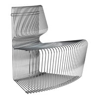 Sleek silver wire chair featuring a modern, open grid pattern with smooth curves and sharp lines.