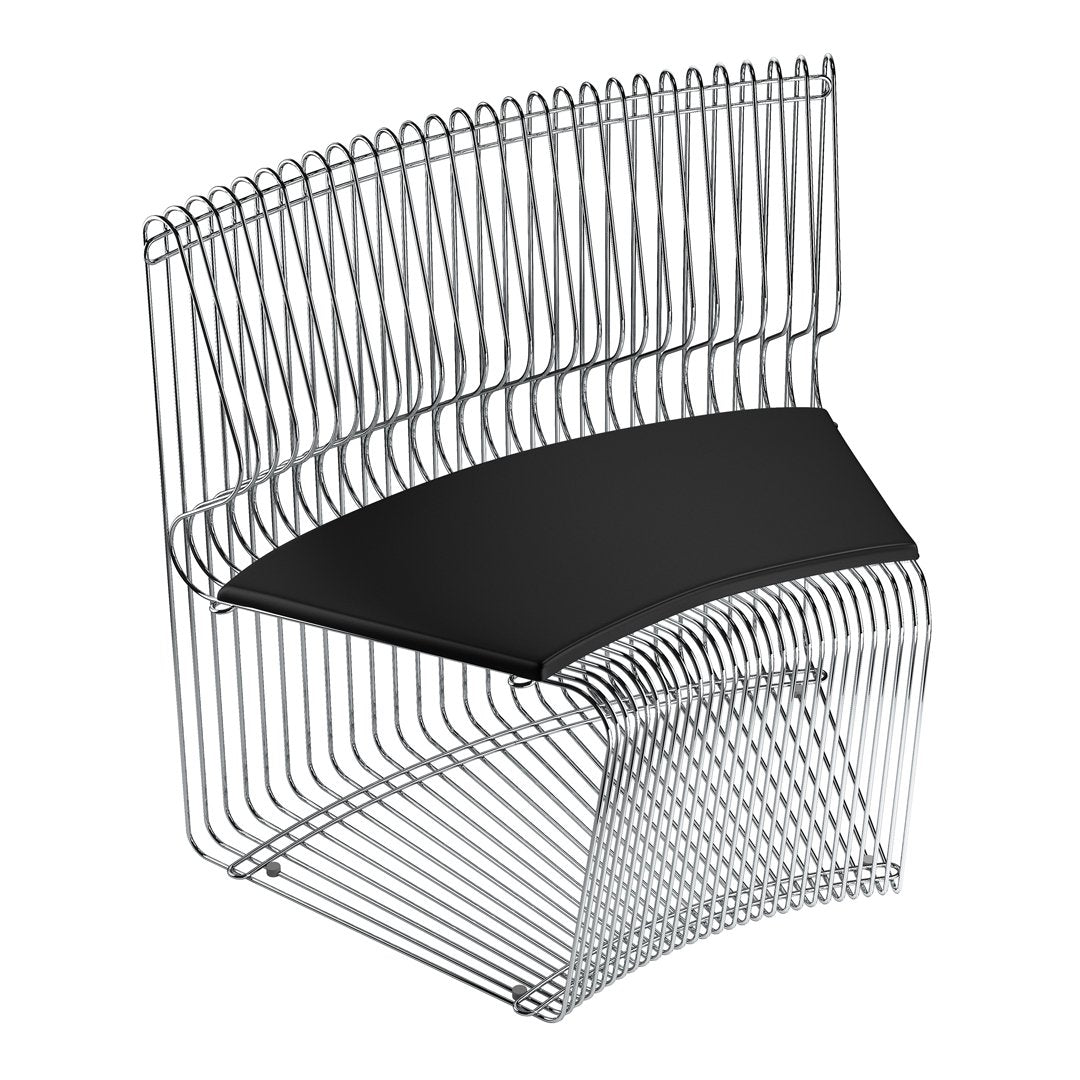 Contemporary metal chair with sleek black seat and striking geometric wire pattern in silver finish.