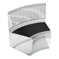 Contemporary metal chair with sleek black seat and striking geometric wire pattern in silver finish.