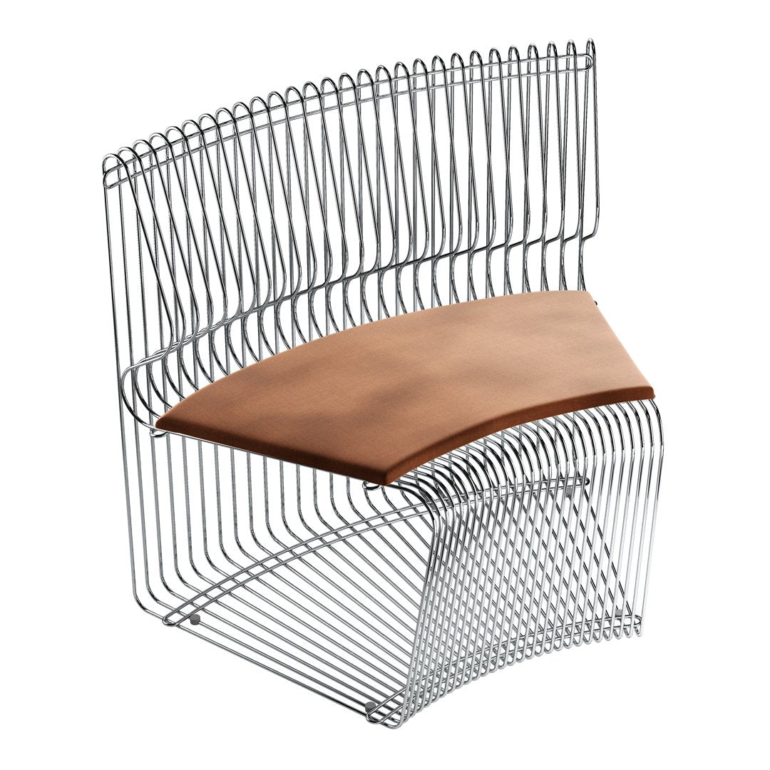 Modern wire chair with silver metallic finish and a warm, smooth brown wood seat. Stylish and contemporary design.