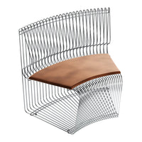 Modern wire chair with silver metallic finish and a warm, smooth brown wood seat. Stylish and contemporary design.